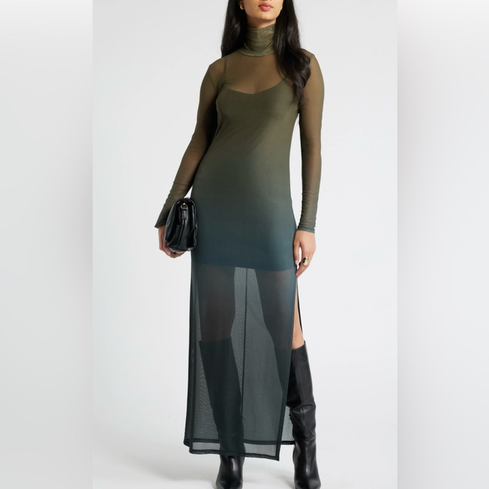 Open Edit Ombré Long Sleeve Mesh Maxi Dress